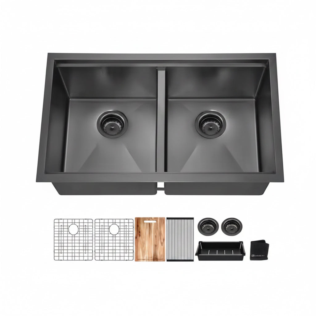 Glacier Bay 33 in. Undermount Double Bowl 18 Gauge Gunmetal Black Stainless Steel Workstation Kitchen Sink