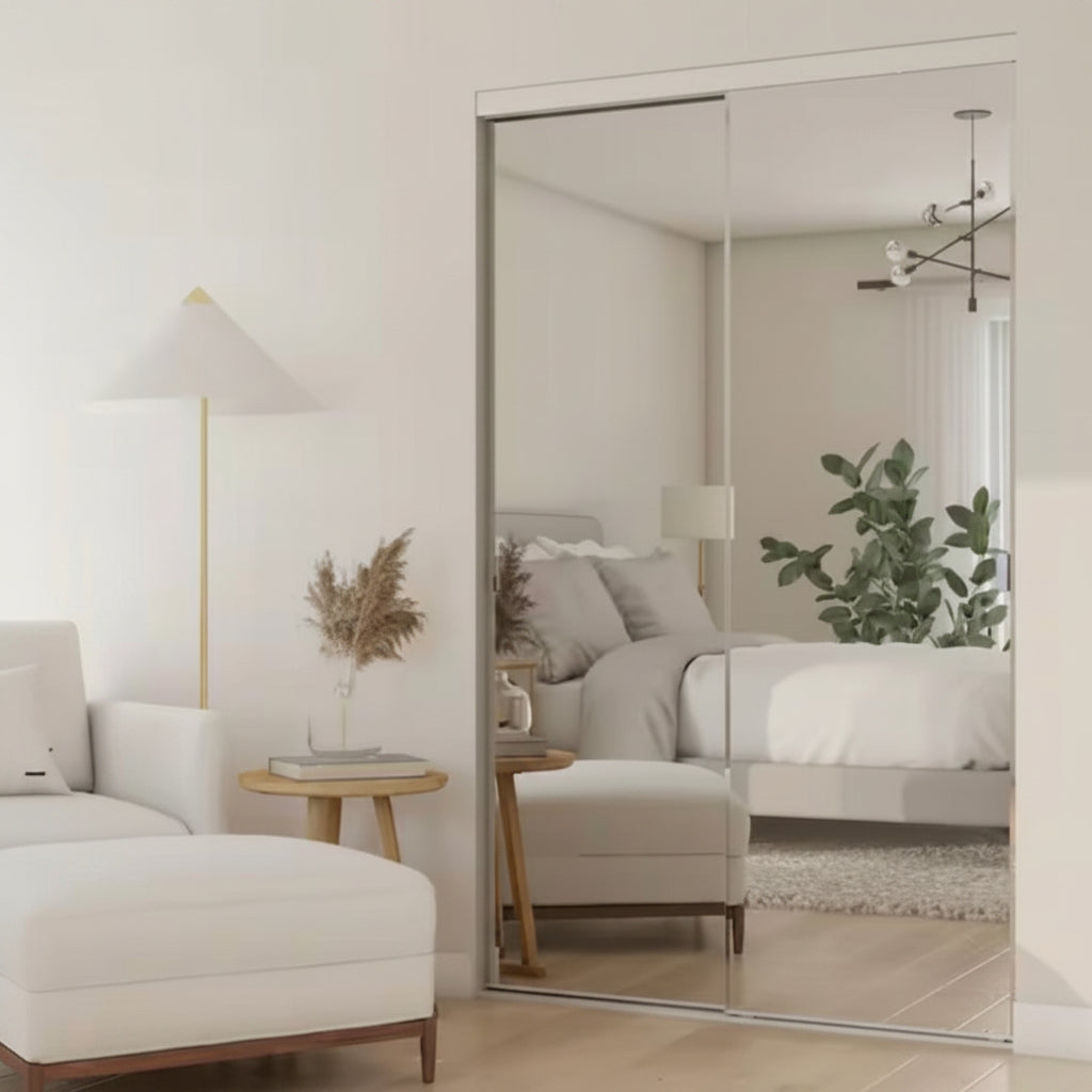 71 in. x 80 1/2 in. Brittany White Steel Frame Mirror Interior Sliding Closet Door