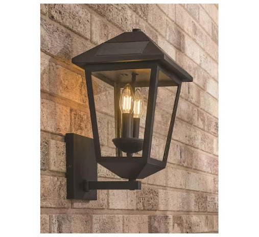 Hampton Bay Everlake 15 in. H Black Outdoor Solar LED Post Light with Wall Sconce and Pier Base Mount