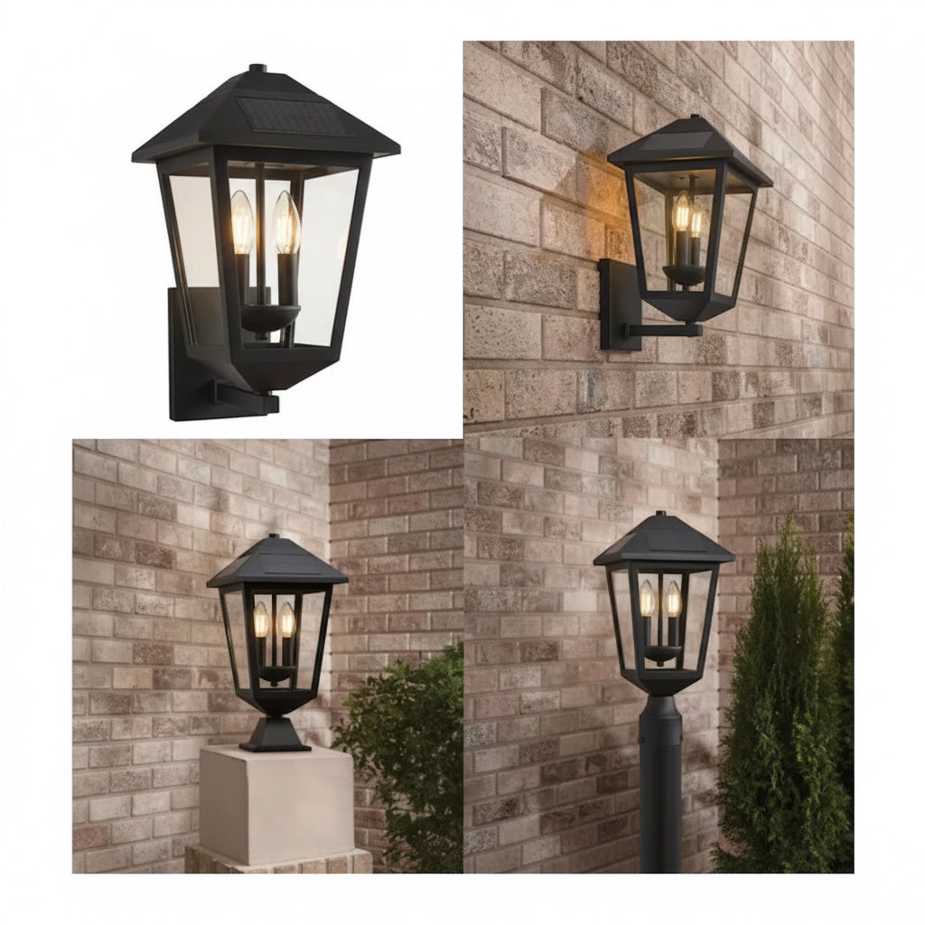 Hampton Bay Everlake 15 in. H Black Outdoor Solar LED Post Light with Wall Sconce and Pier Base Mount