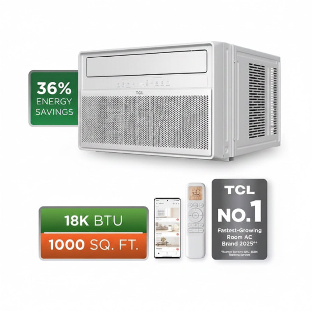 TCL 18,000 BTU Q-Series Ultra-Quiet Inverter Smart Window AC, Cools 1,000 Sq. Ft., with Wi-Fi, Remote, in White Energy Sta
