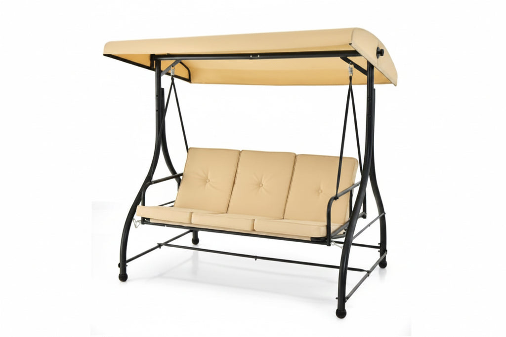 ANGELES HOME 3-Person Black Metal Patio Swing with Adjustable Canopy and Beige Cushion