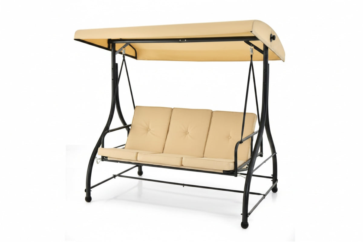 ANGELES HOME 3-Person Black Metal Patio Swing with Adjustable Canopy and Beige Cushion
