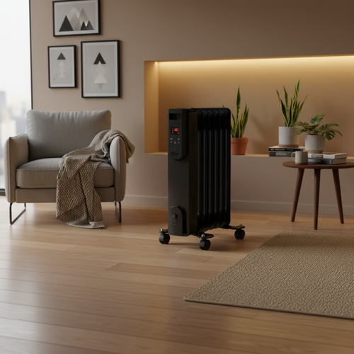 1500-Watt Black Indoor Electric Oil-Filled Radiator Convection Radiant Space Heater with Remote Control for Living Space