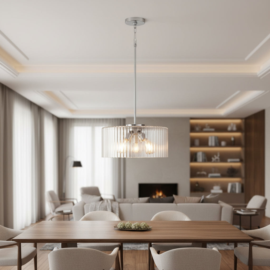 Delphi 3-Light Brushed Nickel Shaded Pendant Light with Clear Ribbed Glass Shade
