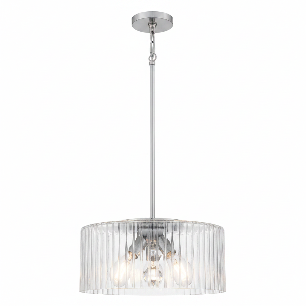 Delphi 3-Light Brushed Nickel Shaded Pendant Light with Clear Ribbed Glass Shade