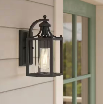 Boswell Quarter 12.12 in. 1-Light Matte Black Hardwired Outdoor Wall Light Lantern Sconce with Clear Glass Shade