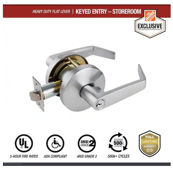 Heavy Duty Commercial Storeroom Lever Cylindrical Chassis ADA UL 3-Hour Fire ANSI Grade 2 Satin Chrome