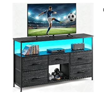 EnHomee TV Stand with LED & Outlets,Dresser with 5 Roomy Drawers,Black | Modern Dresser Fits 45/50" TV, Metal Frame For Stability, Ample Shelf & 5 Fabric Drawers For Bedroom,Dorm,Apar