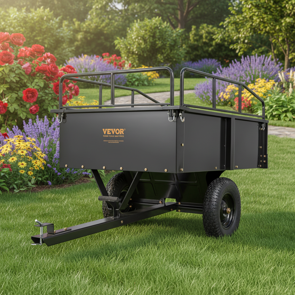 VEVOR Heavy Duty ATV Trailer Steel Dump Cart, 750-Pound 15 Cubic Feet, Garden Utility Trailer with Removable Sides for Riding Lawn Mower Tractor
