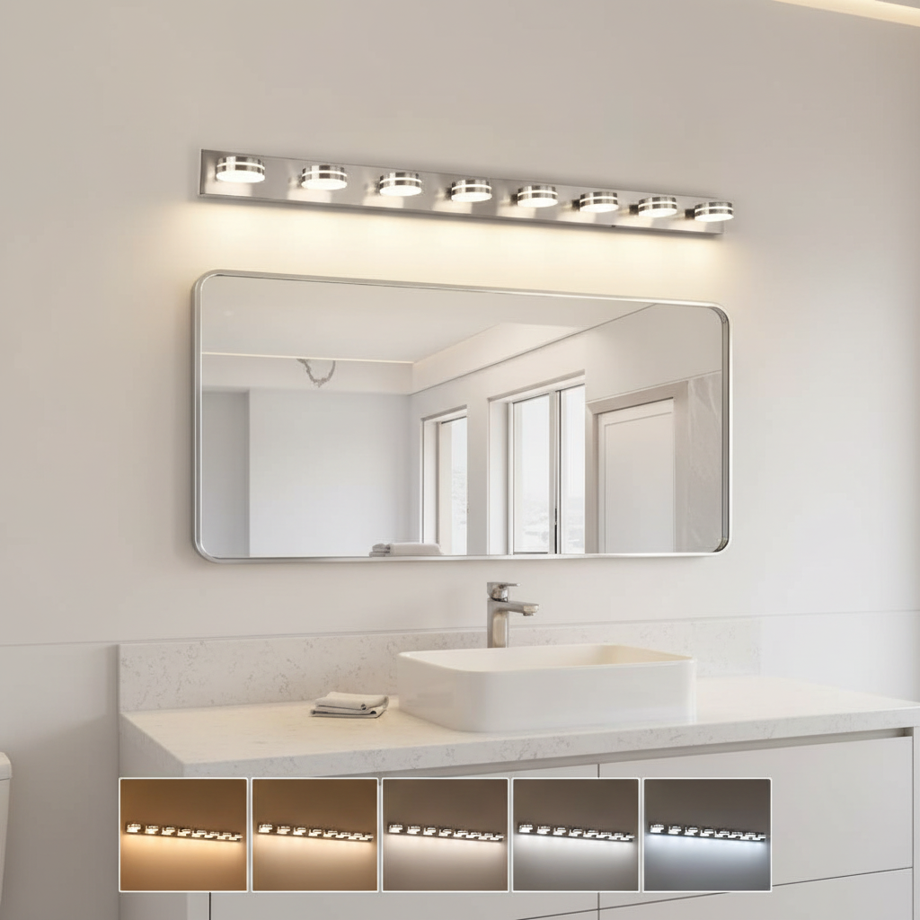 JUSHENG 63 in. 8 Light Nickel Bathroom Dimmable LED Vanity Light with 5-CCT Adjustable Switch and Acrylic Lampshade