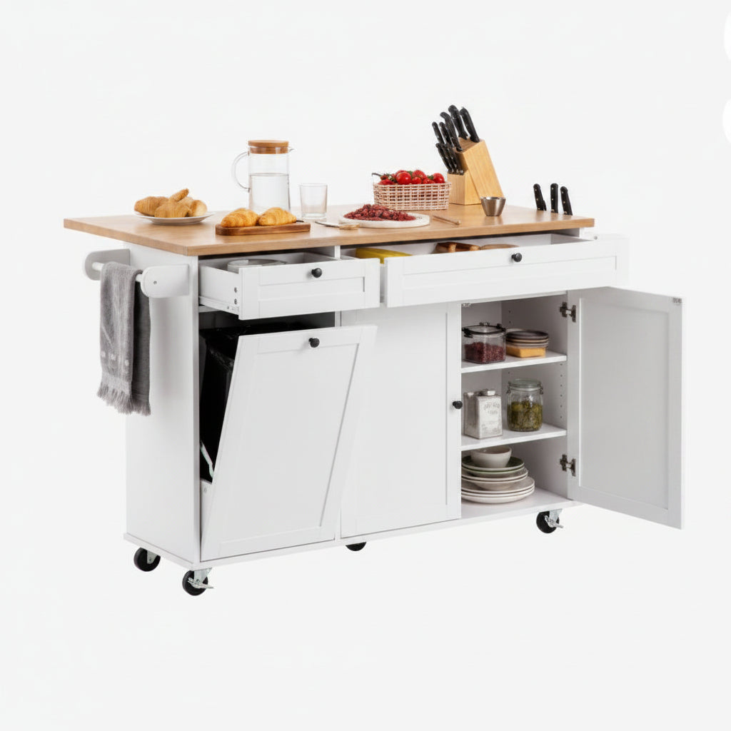 VEVOR Kitchen Island Cart with Storage, 60in Wide Mobile Kitchen Cart with Wheels, Drop Leaf, 2 Drawers, Trash Can Cabinet, Knife Holder, Spice Rack, and Towel Rack, Table for Dining Room, Pantry