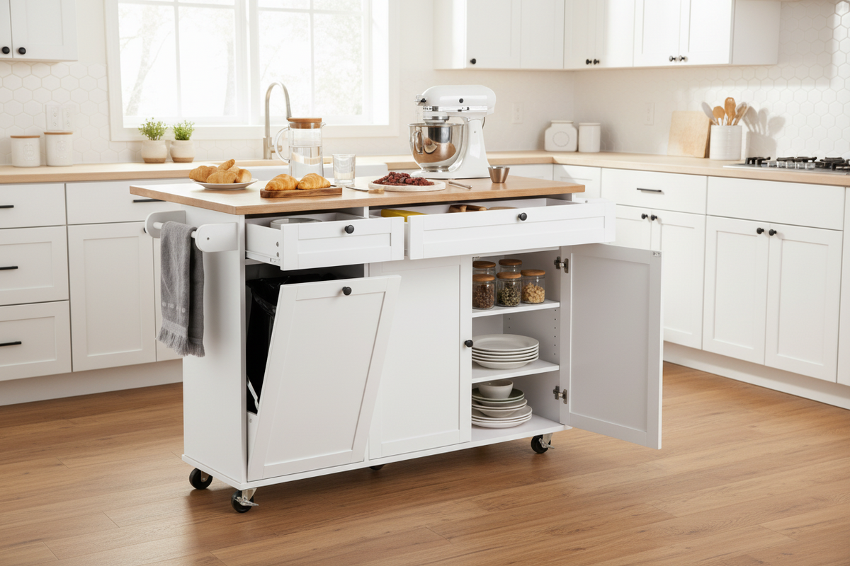 VEVOR Kitchen Island Cart with Storage, 60in Wide Mobile Kitchen Cart with Wheels, Drop Leaf, 2 Drawers, Trash Can Cabinet, Knife Holder, Spice Rack, and Towel Rack, Table for Dining Room, Pantry