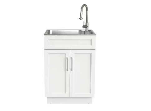 Glacier Bay 24 in. Drop-In Stainless Steel Laundry Sink with Assembled Cabinet in White with Faucet