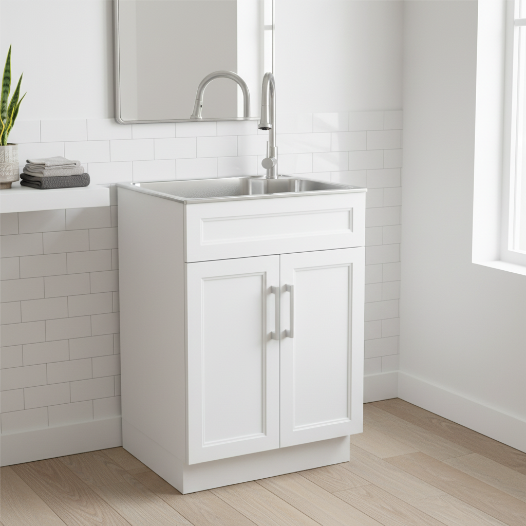 Glacier Bay 24 in. Drop-In Stainless Steel Laundry Sink with Assembled Cabinet in White with Faucet