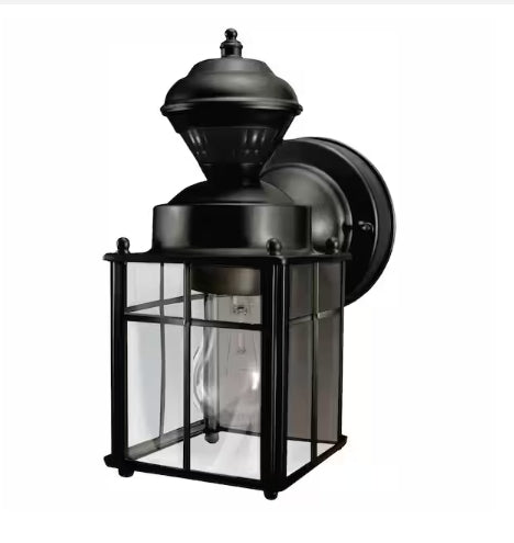 Hampton Bay Bayside 9.5 in. 1-Light Farmhouse Matte Black Motion Sensing Outdoor Wall Light Lantern Sconce with Clear Glass Shade