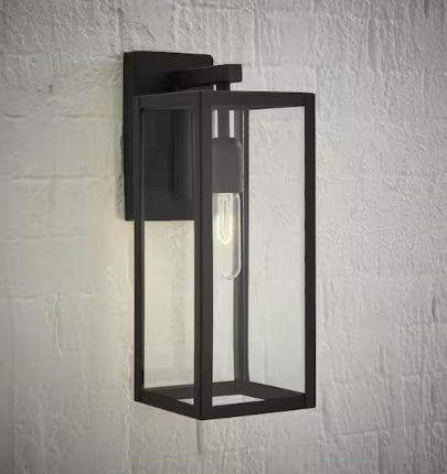 Hampton Bay Hurley 16 in. 1-Light Modern Black Hardwired Outdoor Wall Light Lantern Sconce with Clear Glass Shade