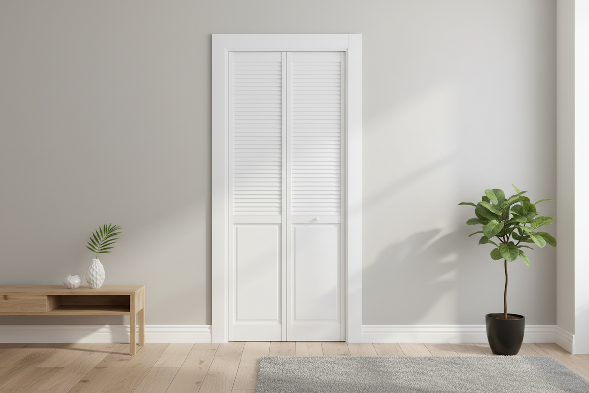 30 in. x 80 in. Louver/Panel Solid Core White Painted Pine Wood Bi-fold Door with Hardware