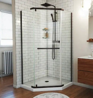 Prism 36.12 in. W x 72 in. H Neo Angle Pivot Semi Frameless Corner Shower Enclosure in Bronze with Clear Glass