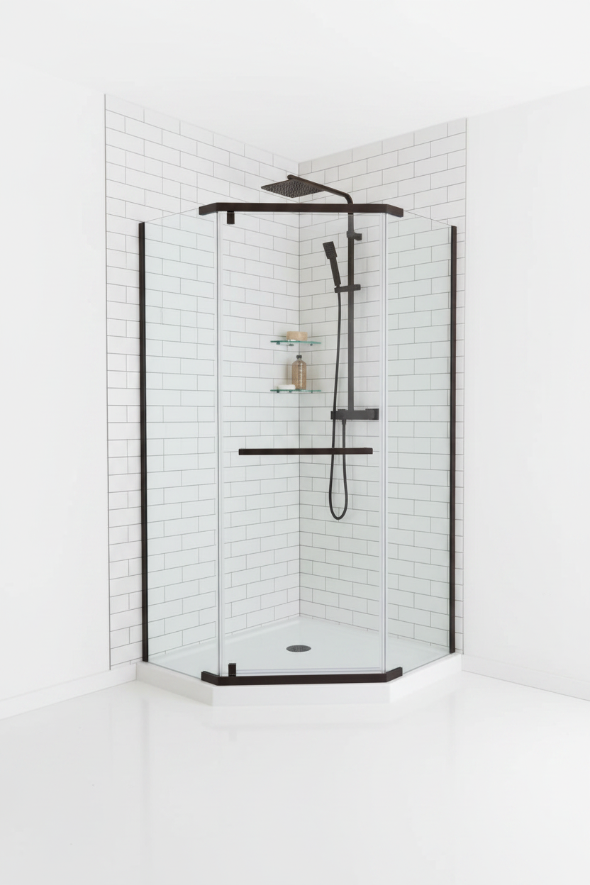 Prism 36.12 in. W x 72 in. H Neo Angle Pivot Semi Frameless Corner Shower Enclosure in Bronze with Clear Glass