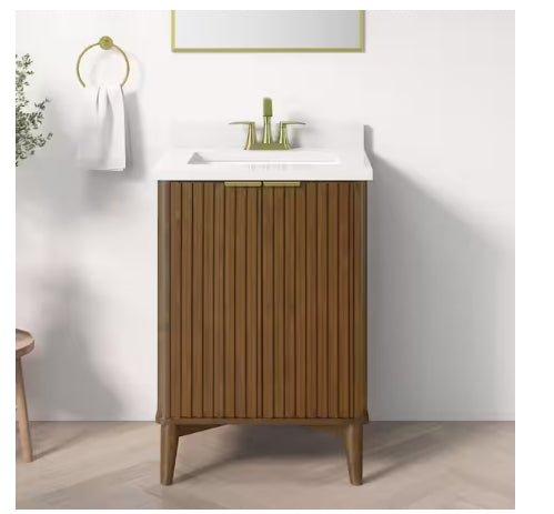 OVE Decors Gabi 24 in. Single Sink Freestanding Freestanding Warm Walnut Bath Vanity with White Engineered Stone Top (Assembled)