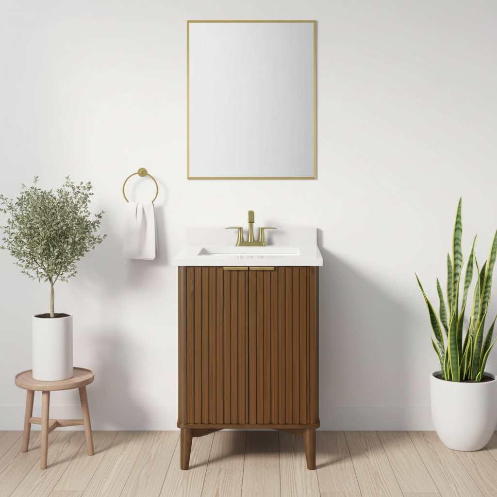 OVE Decors Gabi 24 in. Single Sink Freestanding Freestanding Warm Walnut Bath Vanity with White Engineered Stone Top (Assembled)