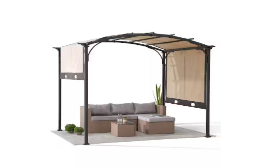 Sunjoy 9 ft. x 11 ft. Outdoor Steel Arched Pergola with Adjustable Canopy for Patio, Backyard, and Garden, Tan and Brown