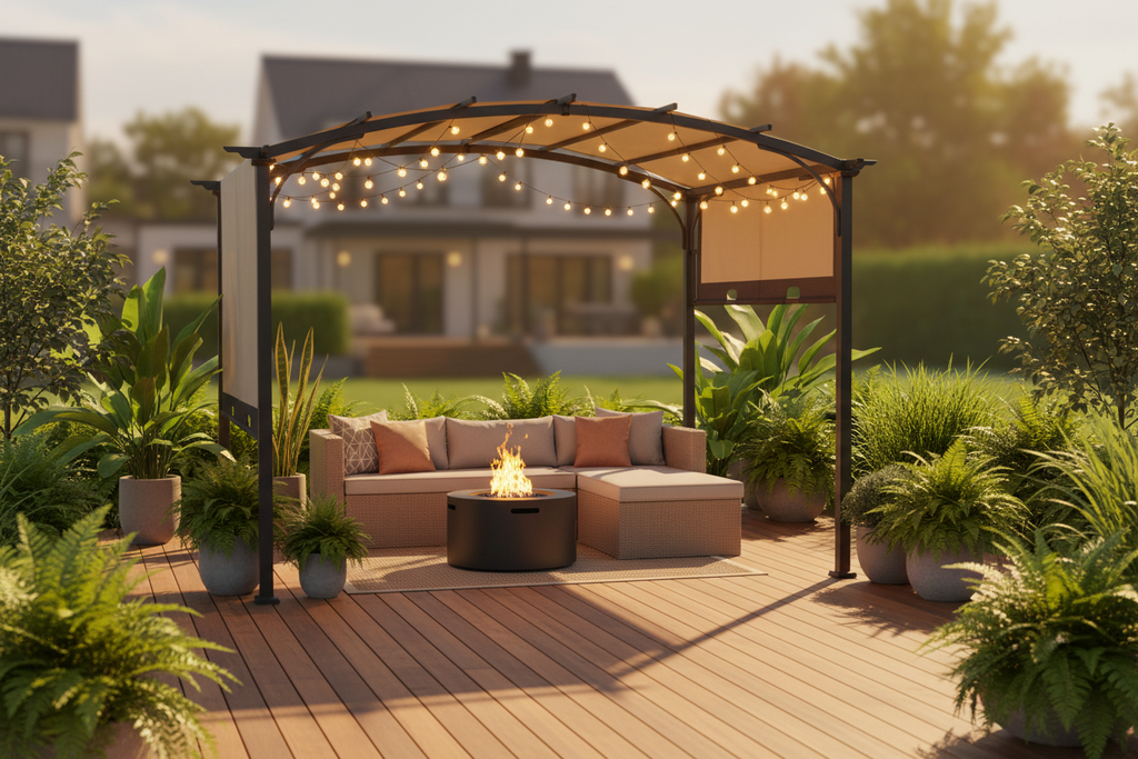 Sunjoy 9 ft. x 11 ft. Outdoor Steel Arched Pergola with Adjustable Canopy for Patio, Backyard, and Garden, Tan and Brown
