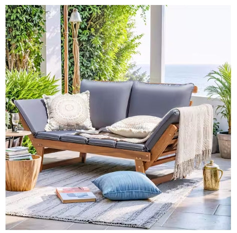 Tozey 78 in. Brown Acacia Wood Outdoor Convertible Sofa Patio Day Bed with Cool Gray Cushion