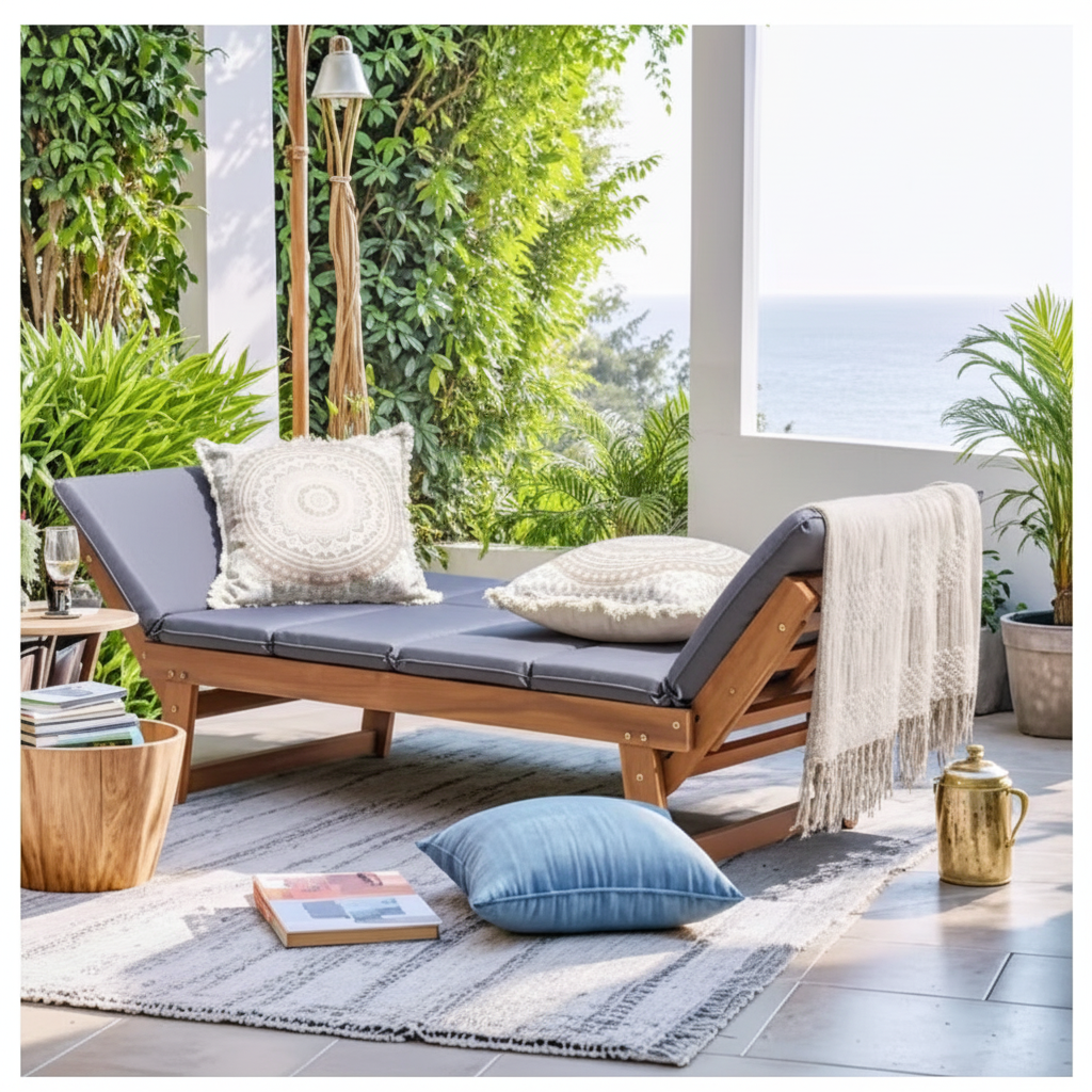 Tozey 78 in. Brown Acacia Wood Outdoor Convertible Sofa Patio Day Bed with Cool Gray Cushion
