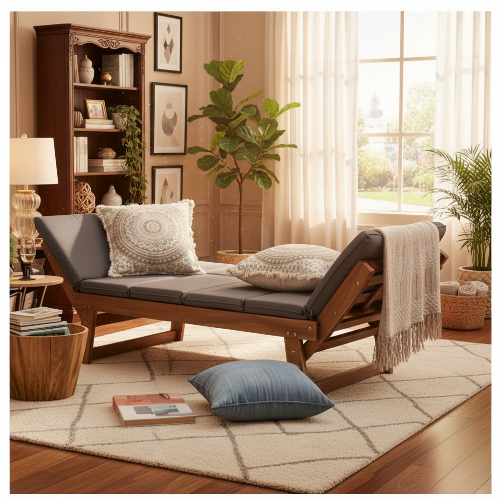Tozey 78 in. Brown Acacia Wood Outdoor Convertible Sofa Patio Day Bed with Cool Gray Cushion
