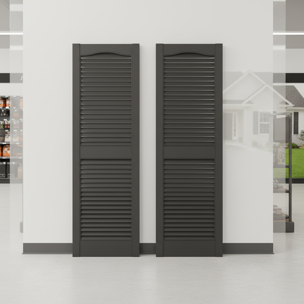 Builders Edge 14.5 in. x 60 in. Louvered Vinyl Exterior Shutters Pair in Tuxedo Grey