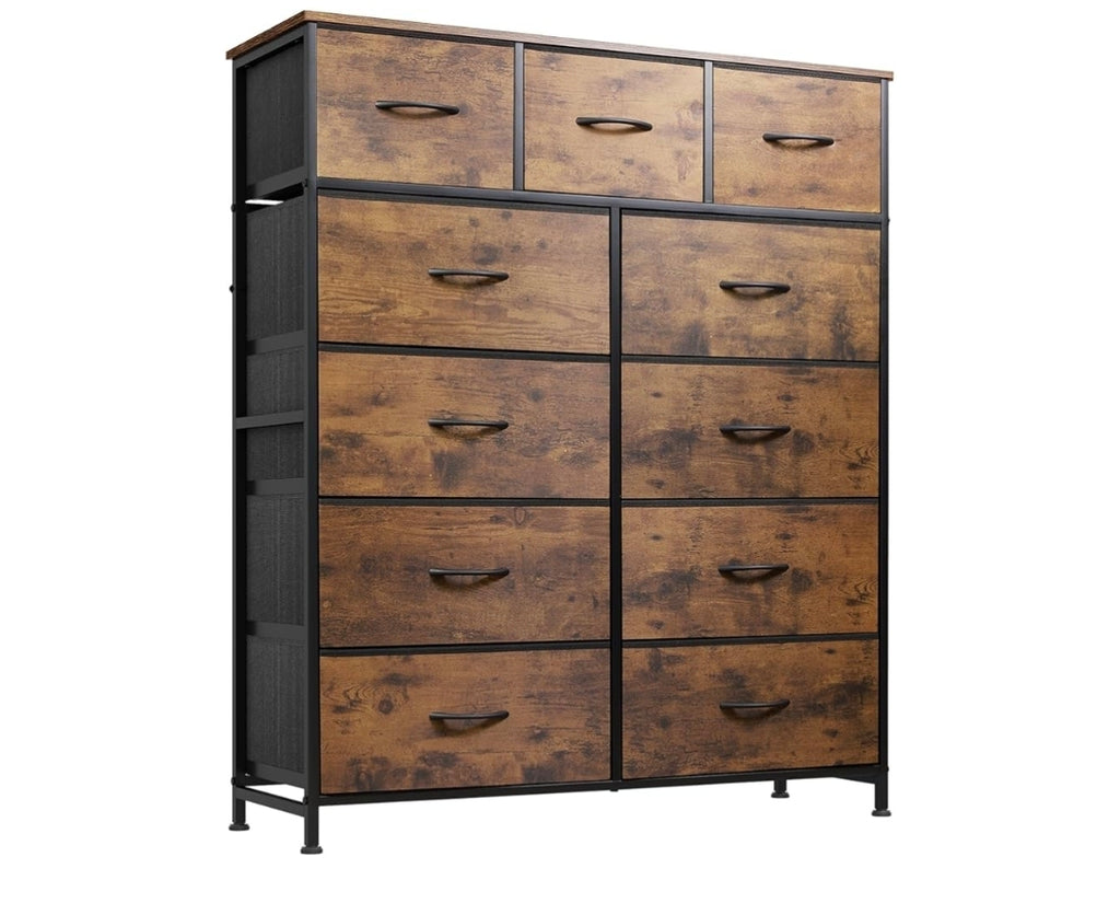 WLIVE Tall Dresser for Bedroom, Fabric Dressers Storage Tower, Dresser & Chest of Drawers Organizer Unit with 11 Drawers, Storage Cabinet, Hallway, Closets, Steel Frame, Wood Top, Rustic Brown