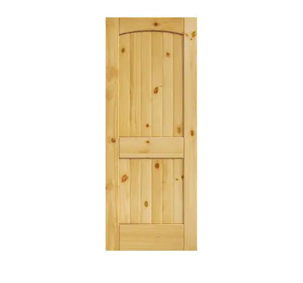 28 in. x 80 in. x 1-3/8 in. 2-Panel Arch Top V-Groove Knotty Solid Core Pine Wood Interior Door Slab