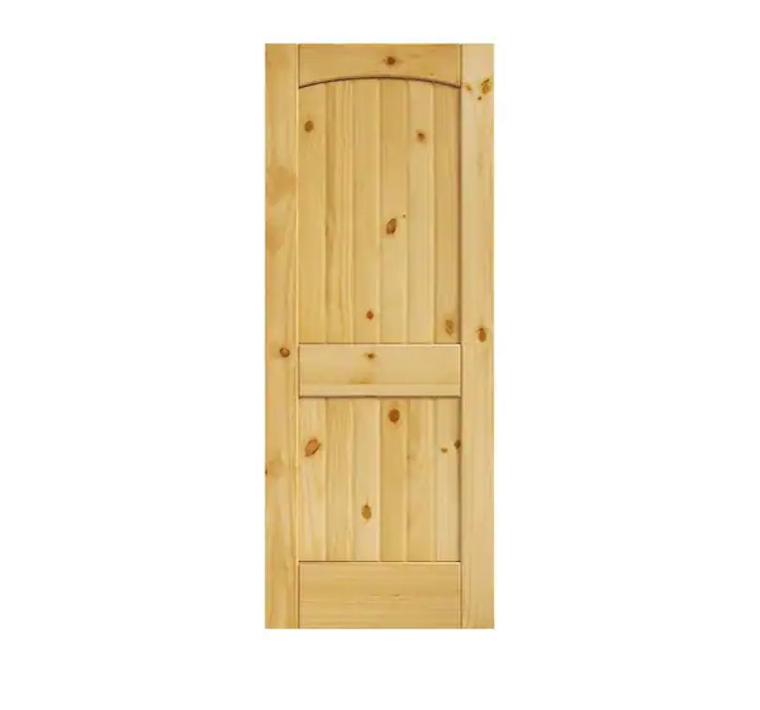28 in. x 80 in. x 1-3/8 in. 2-Panel Arch Top V-Groove Knotty Solid Core Pine Wood Interior Door Slab