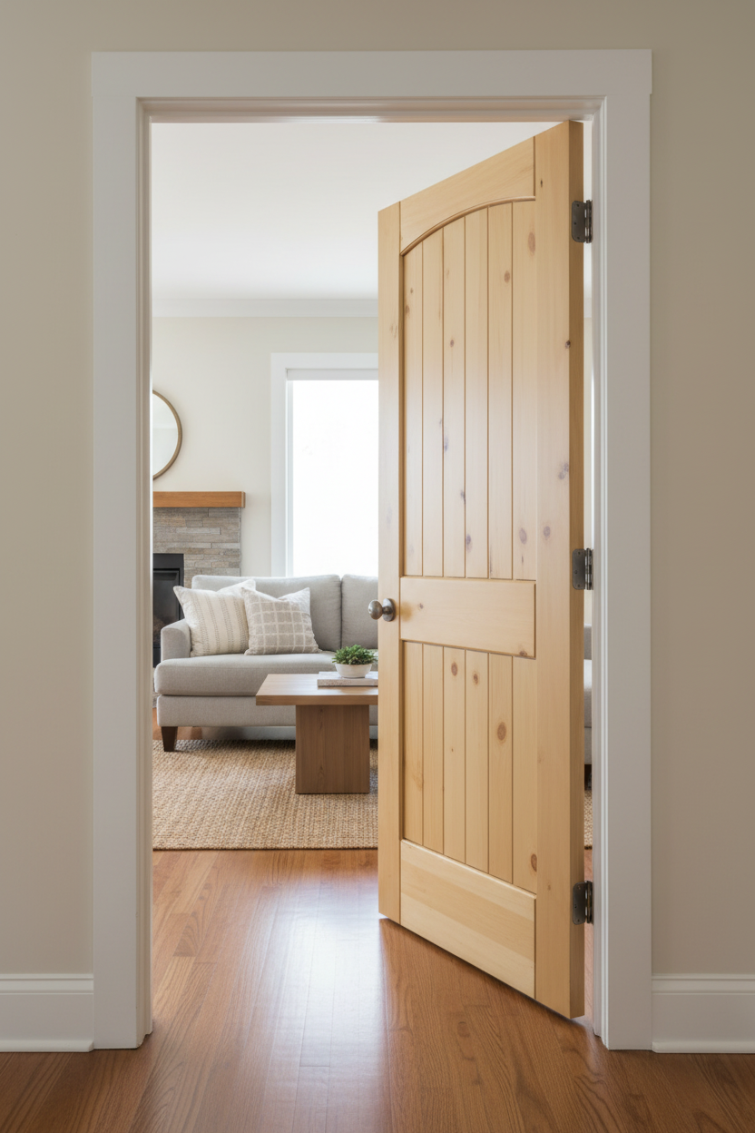28 in. x 80 in. x 1-3/8 in. 2-Panel Arch Top V-Groove Knotty Solid Core Pine Wood Interior Door Slab
