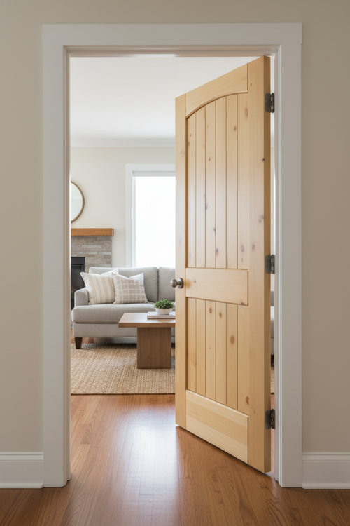28 in. x 80 in. x 1-3/8 in. 2-Panel Arch Top V-Groove Knotty Solid Core Pine Wood Interior Door Slab